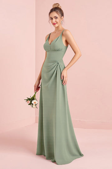Eucalyptus A Line V-Neck Long Bridesmaid Dress